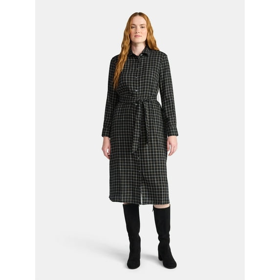 Time and Tru Women's Plaid Shirt Dress with Long Sleeves, Sizes XS-XXXL