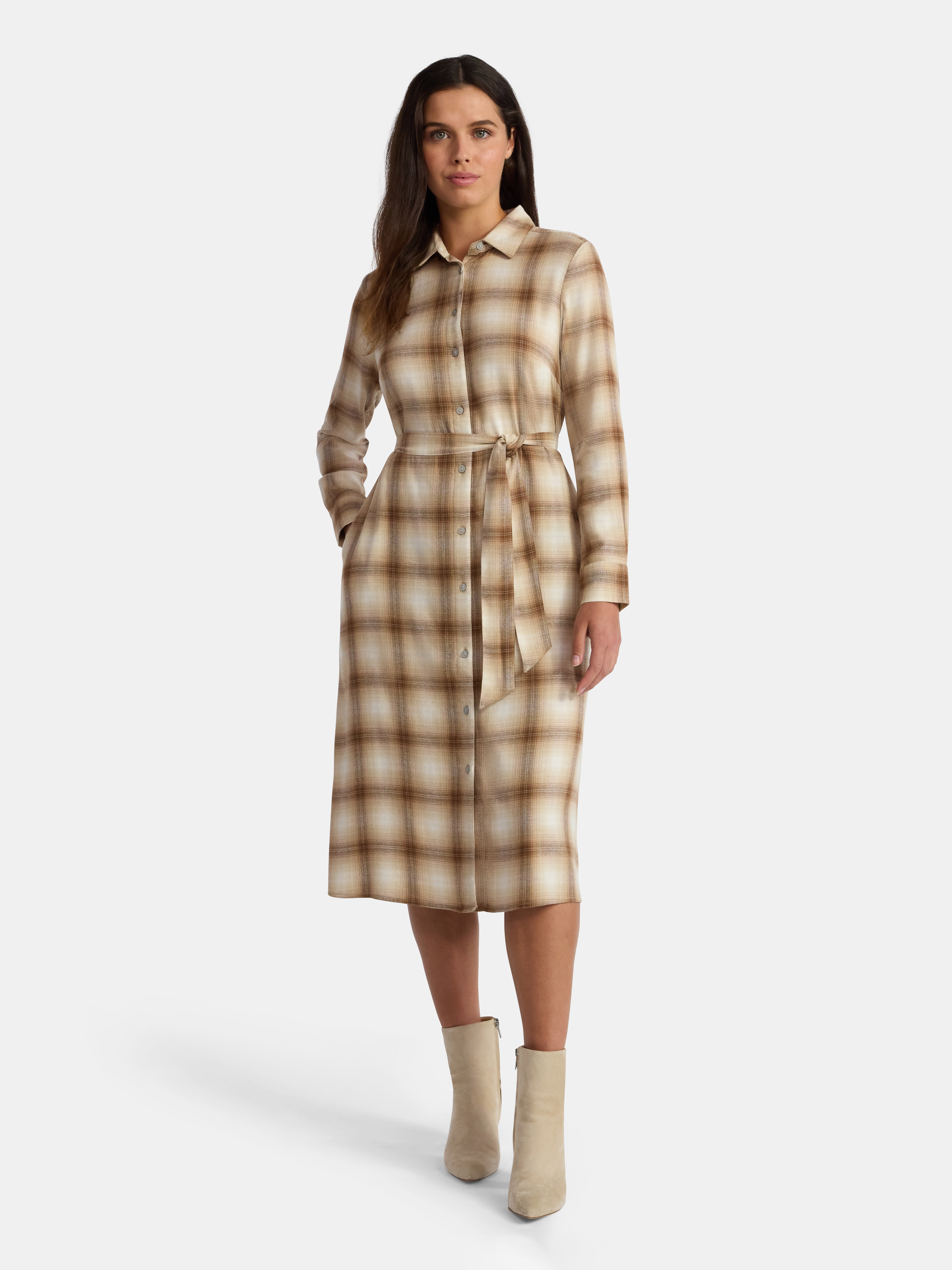 Time and Tru Women's Plaid Shirt Dress with Long Sleeves, Sizes XS-XXXL