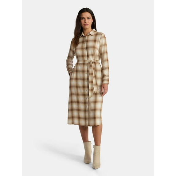Time and Tru Women's Plaid Shirt Dress with Long Sleeves, Sizes XS-XXXL