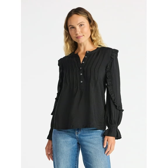 Time and Tru Women's Pintuck Ruffle Blouse with Long Sleeves, Sizes XS – XXXL