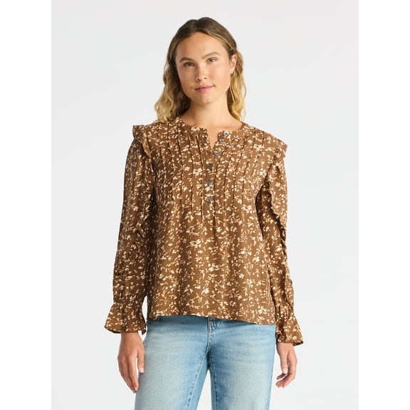 Time and Tru Women's Pintuck Ruffle Blouse with Long Sleeves, Sizes XS – XXXL