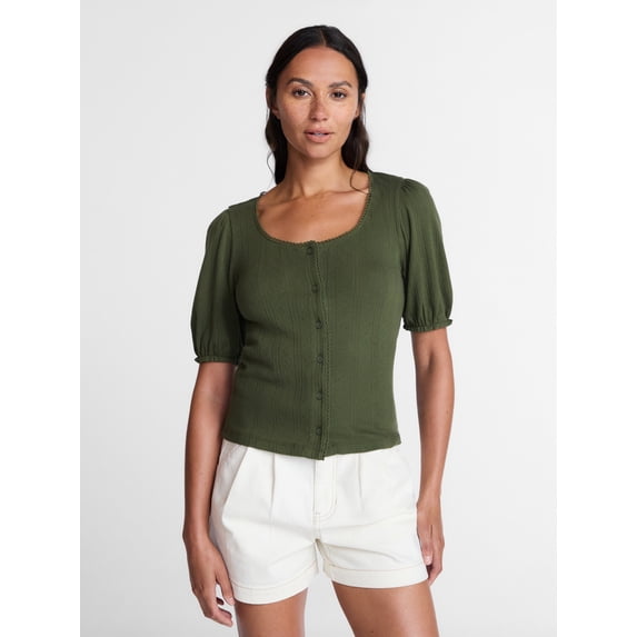 Time and Tru Women's Pointelle Top with Short Sleeves, Sizes XS-XXXL