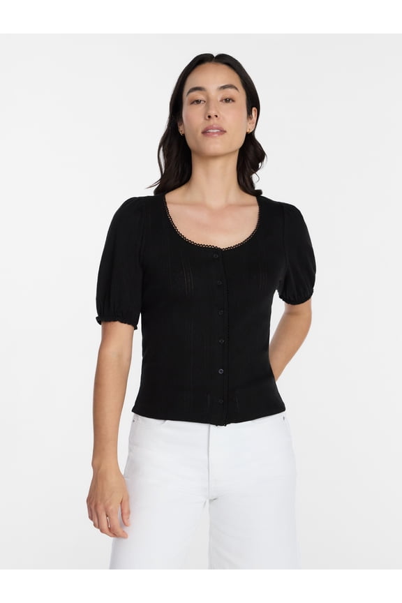 Women's Pointelle Top with Short Sleeves, Sizes XS-XXXL
