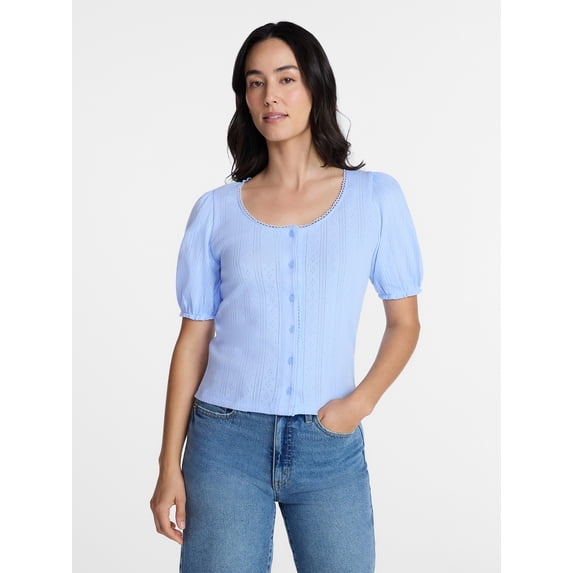 Time and Tru Women's Pointelle Top with Short Sleeves, Sizes XS-XXXL
