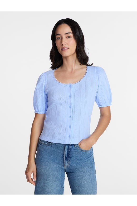 Women's Pointelle Top with Short Sleeves, Sizes XS-XXXL