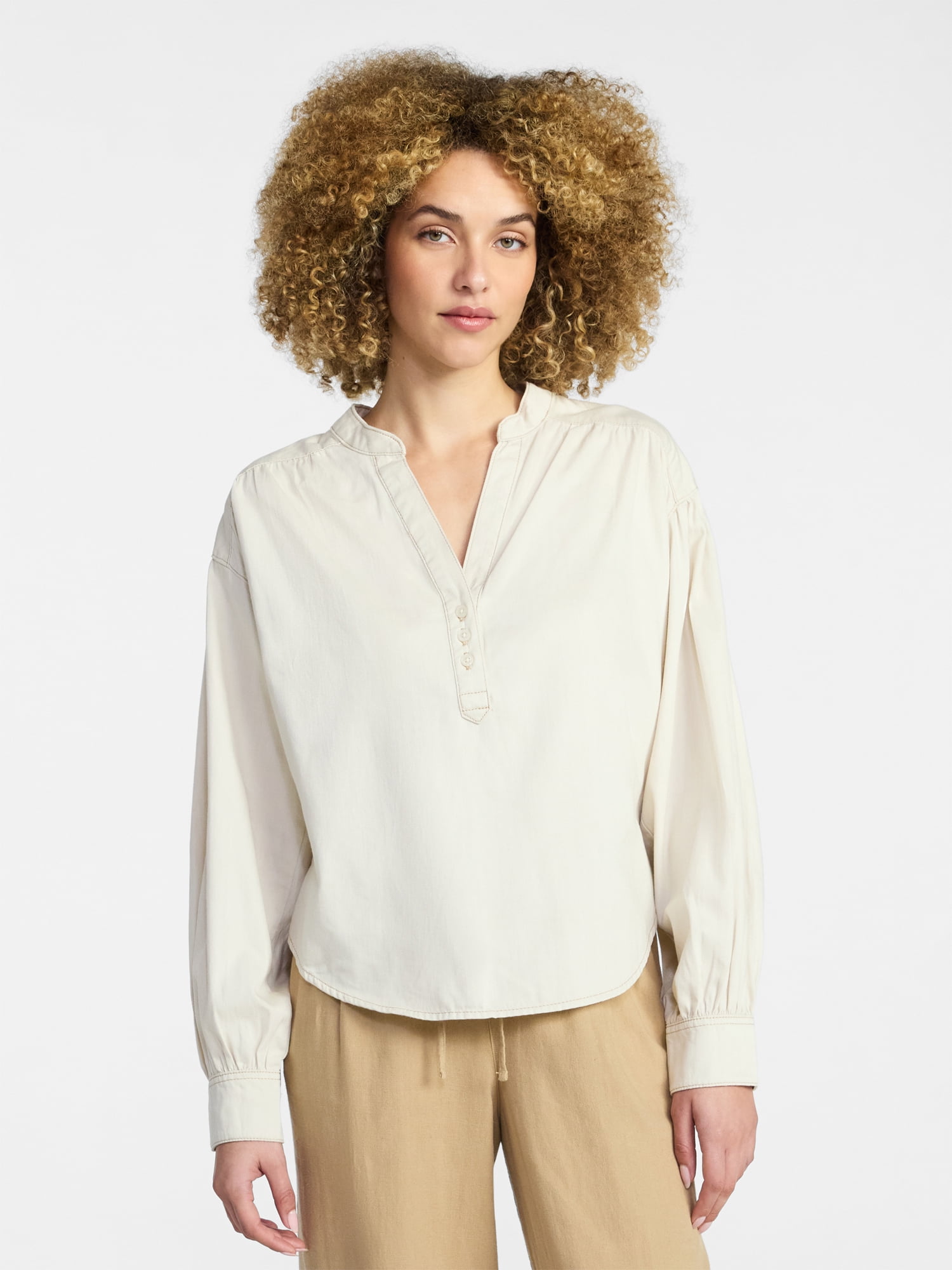 Time and Tru Women's Popover Denim Top with Long Sleeves, Sizes XS-XXXL