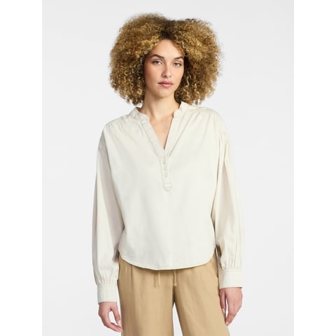Women's Popover Denim Top with Long Sleeves, Sizes XS-XXXL