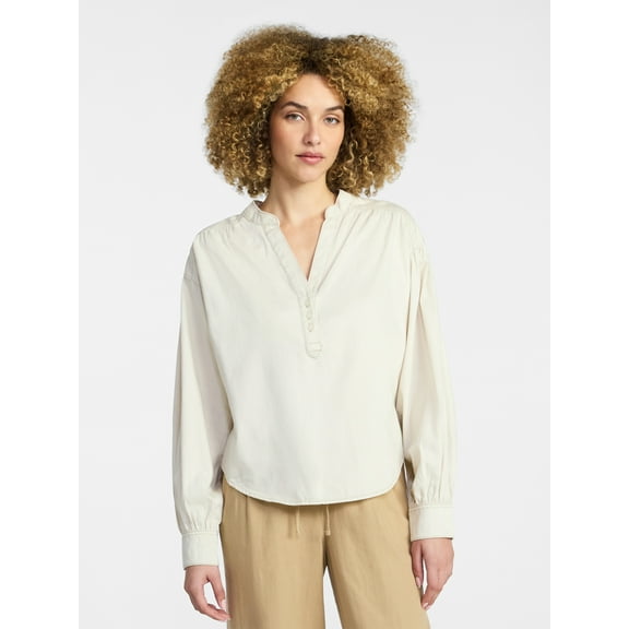 Time and Tru Women's Popover Denim Top with Long Sleeves, Sizes XS-XXXL