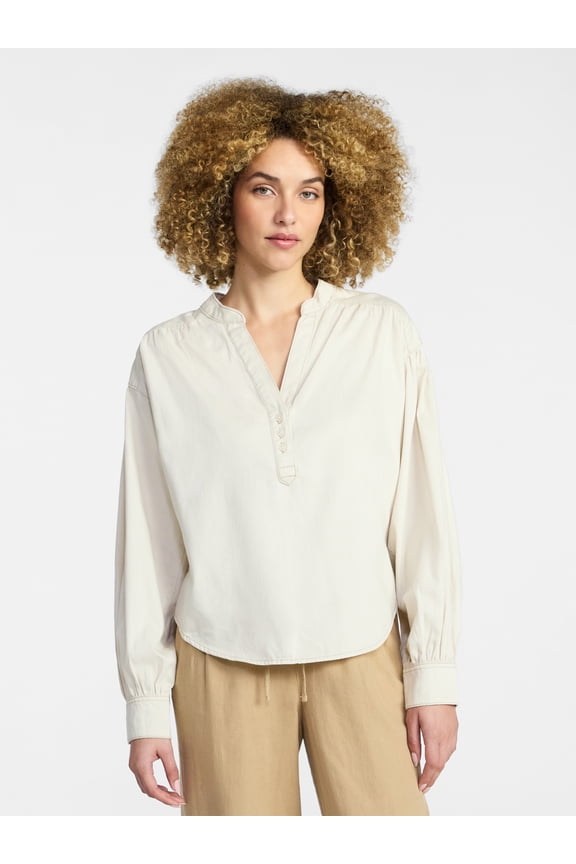 Women's Popover Denim Top with Long Sleeves, Sizes XS-XXXL