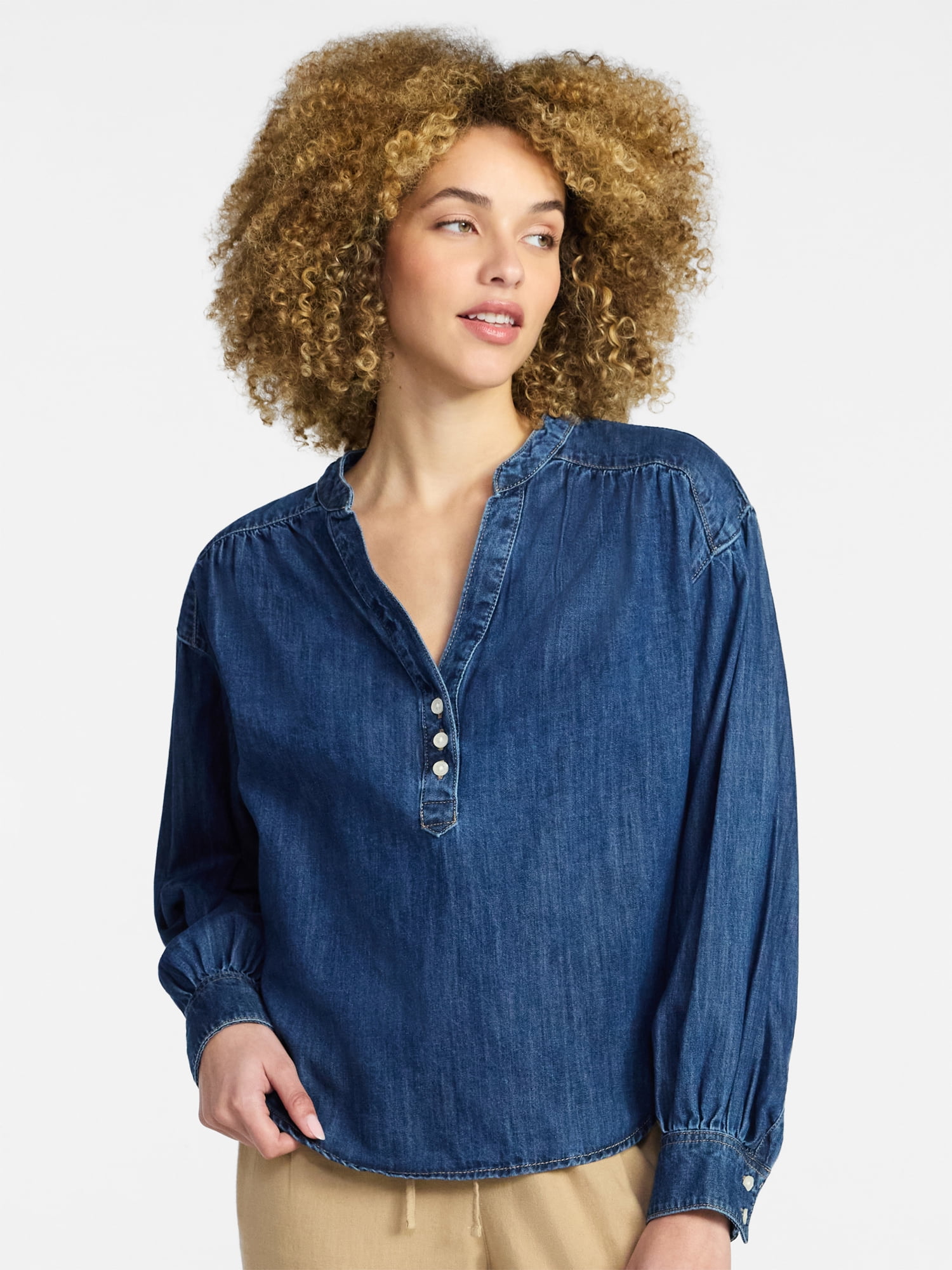 Time and Tru Women's Popover Denim Top with Long Sleeves, Sizes XS-XXXL
