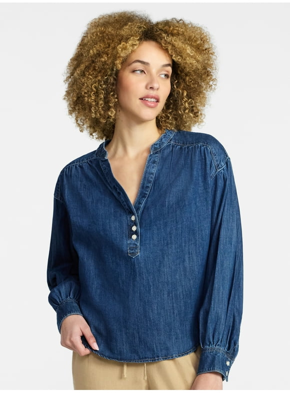 Women's Popover Denim Top with Long Sleeves, Sizes XS-XXXL
