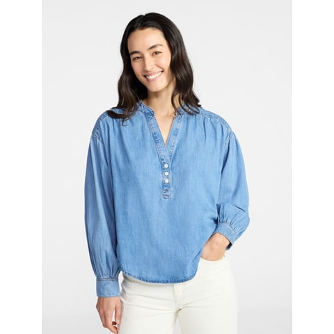 Women's Popover Denim Top with Long Sleeves, Sizes XS-XXXL