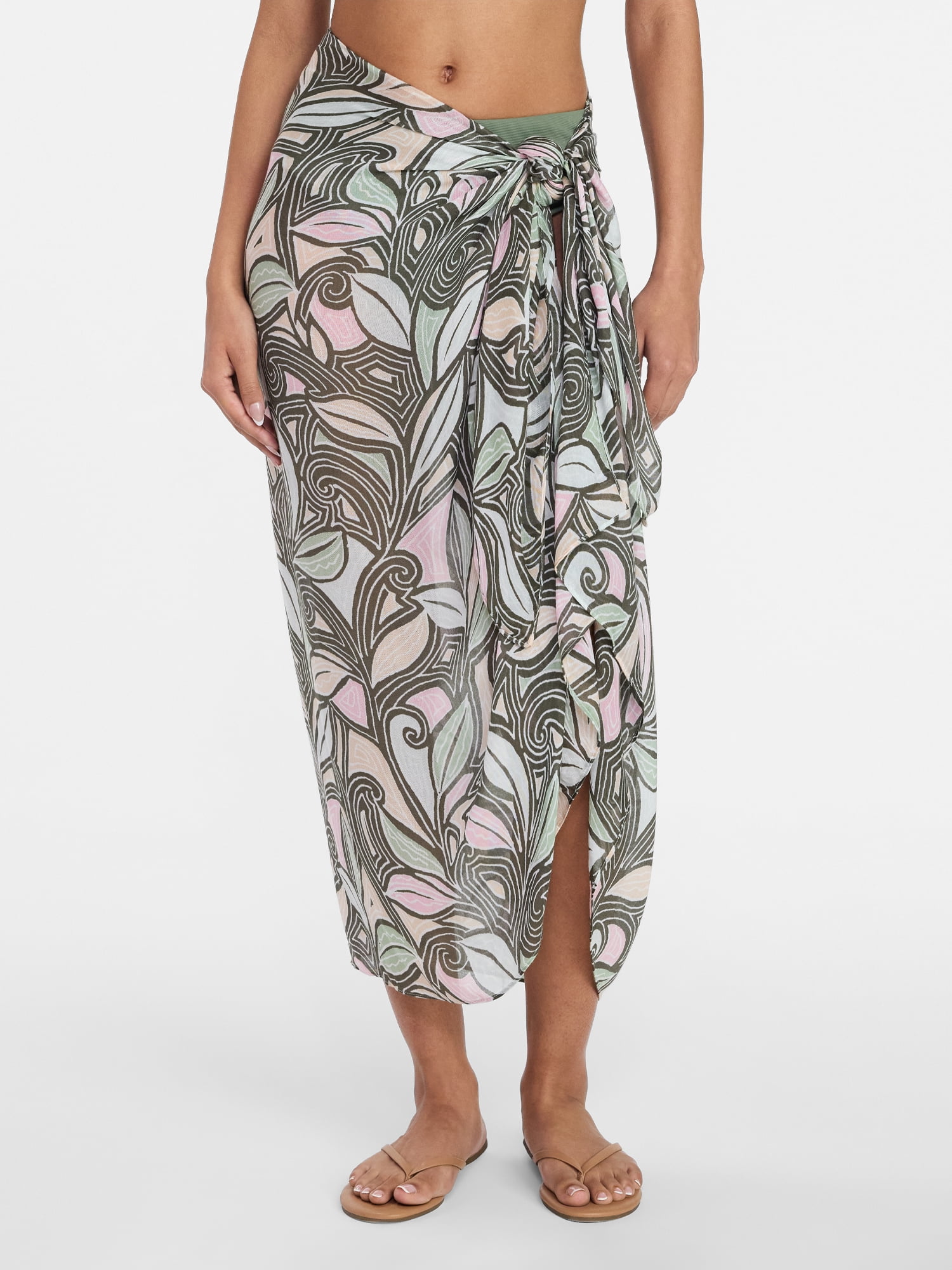Time and Tru Women's Printed Pareo, One Size, Swirling Paisley Sage Dust
