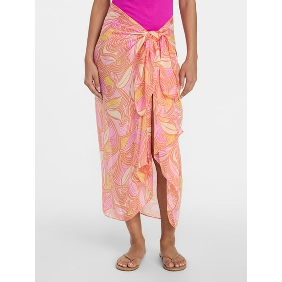 Time and Tru Women's Printed Pareo, One Size, Swirling Paisley Coral Breeze
