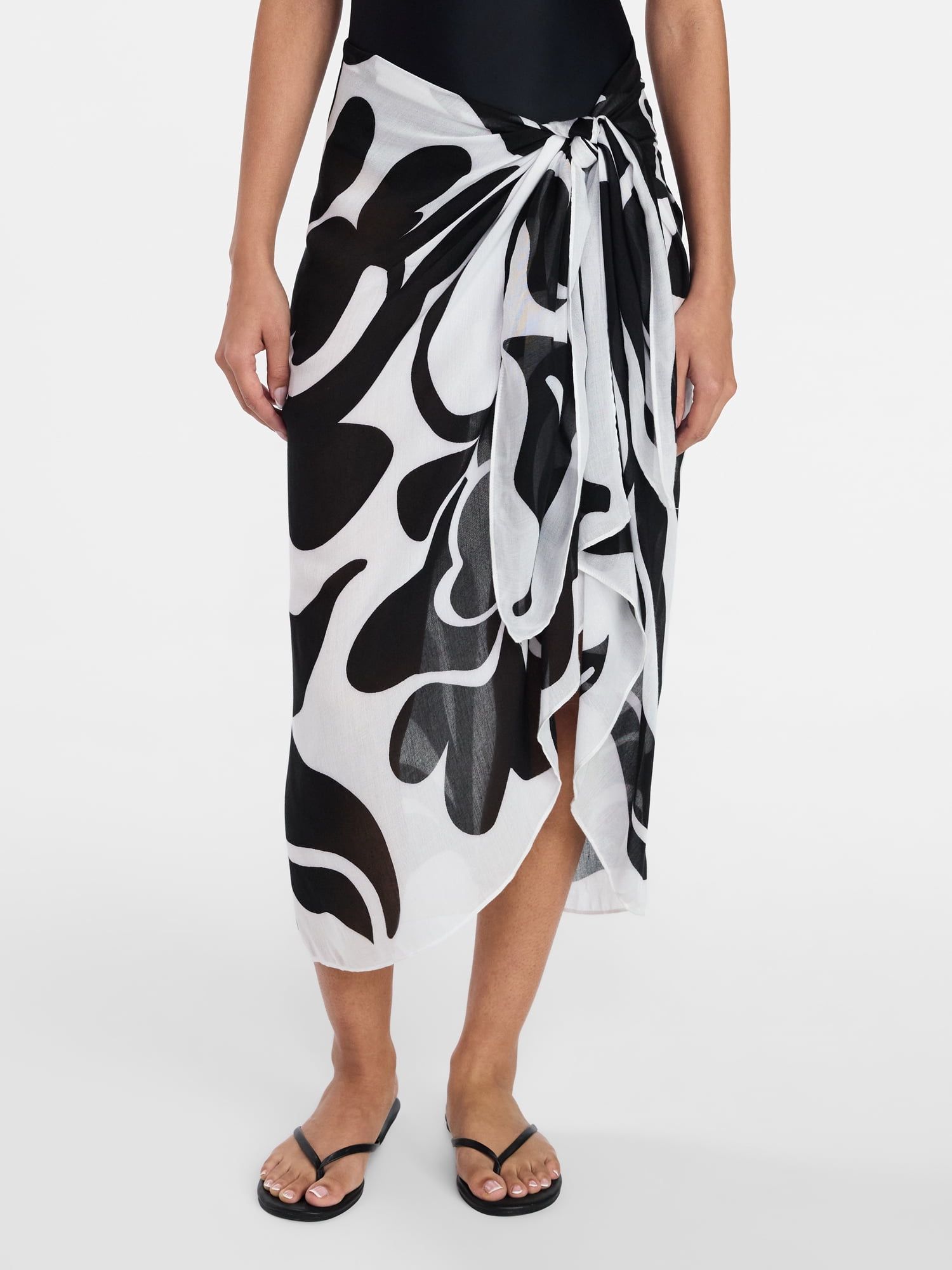 Time and Tru Women's Printed Pareo, One Size, Abstract Floral Winter White