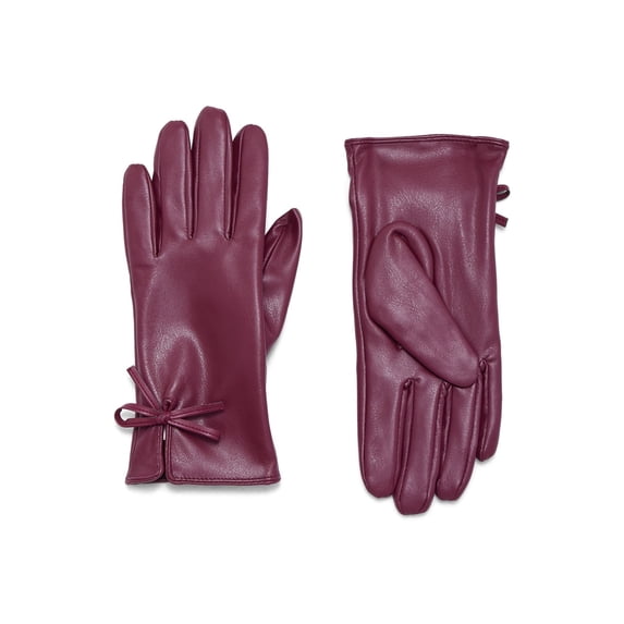 Time and Tru Women's Bow Accent Faux Leather Gloves, Wine, Sizes S/M-L/XL