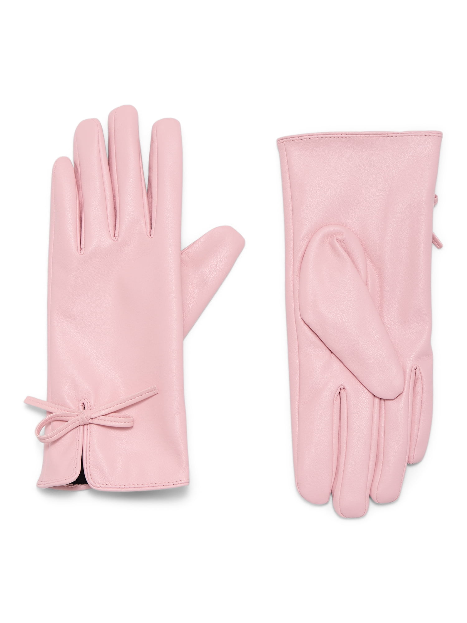 Time and Tru Women's Bow Accent Faux Leather Gloves, Soft Pink, Sizes S/M-L/XL