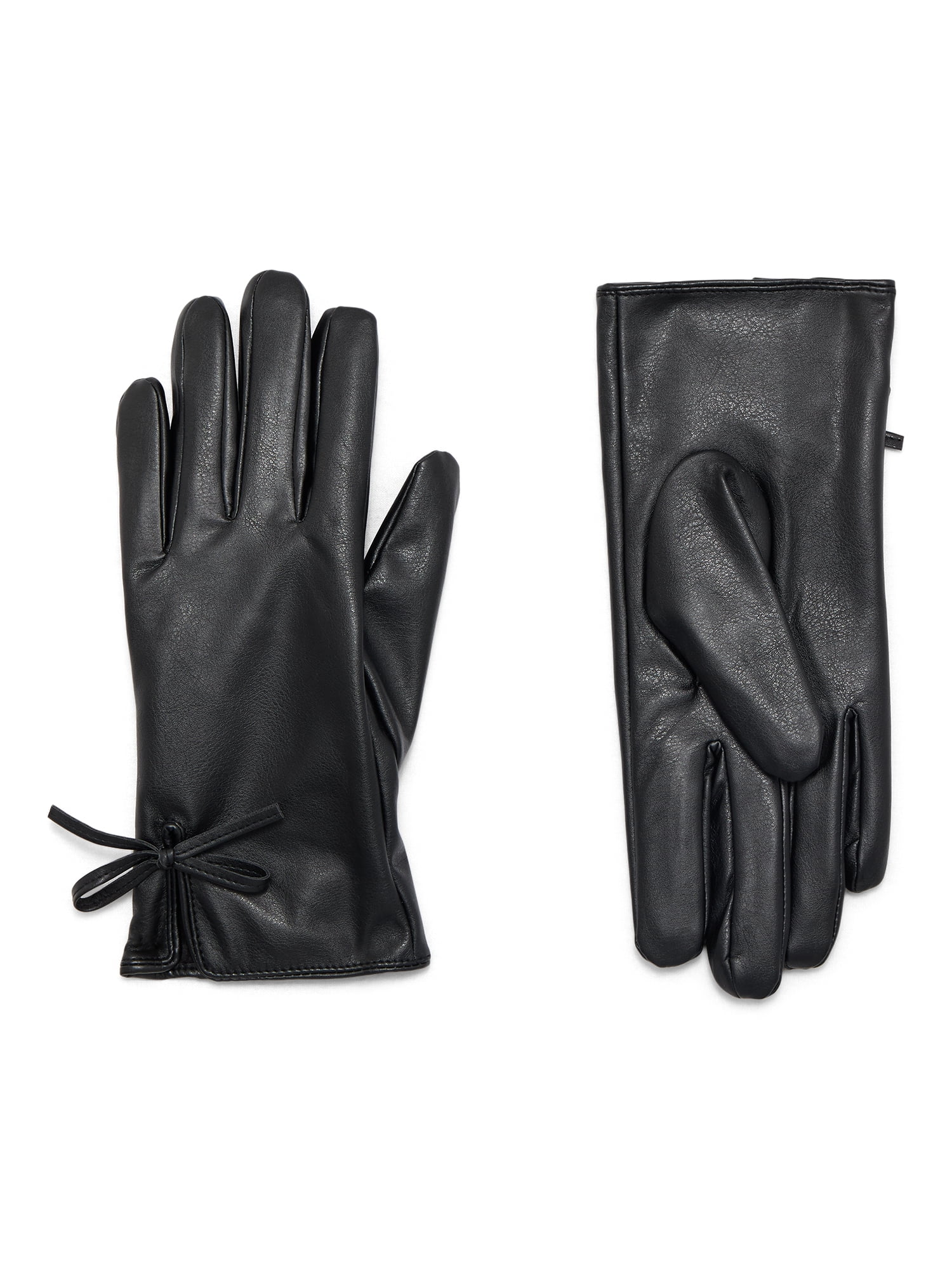 Time and Tru Women's Bow Accent Faux Leather Gloves, Black, Sizes S/M-L/XL
