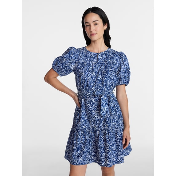 Time and Tru Women's and Women's Plus Cotton Mini Dress with Puff Sleeves, Sizes XS-4X
