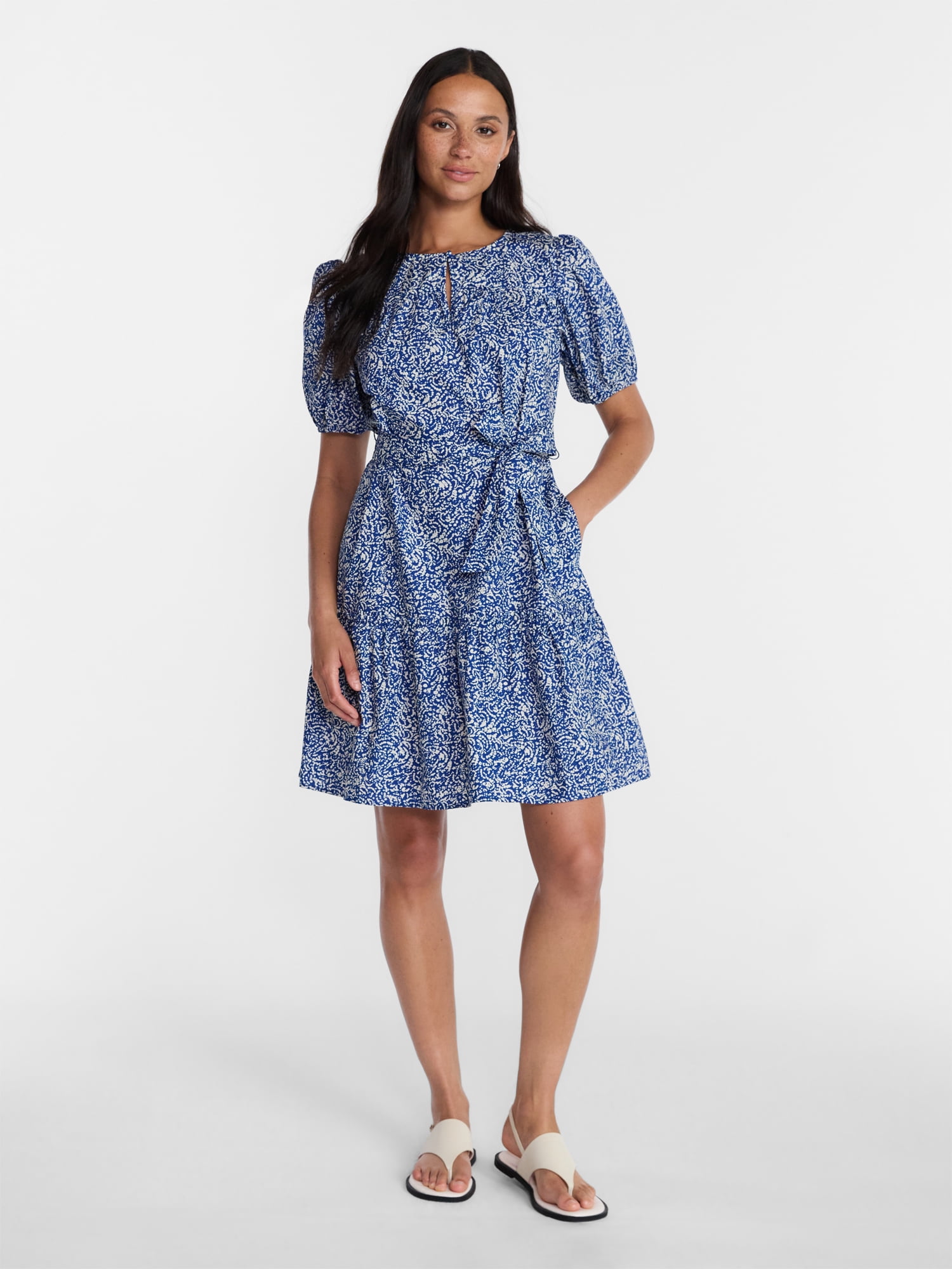 Time and Tru Women's and Women's Plus Cotton Mini Dress with Puff Sleeves, Sizes XS-4X