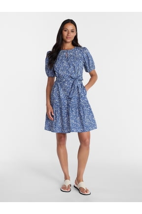 Women's Cotton Mini Dress with Puff Sleeves, Sizes XS-4X
