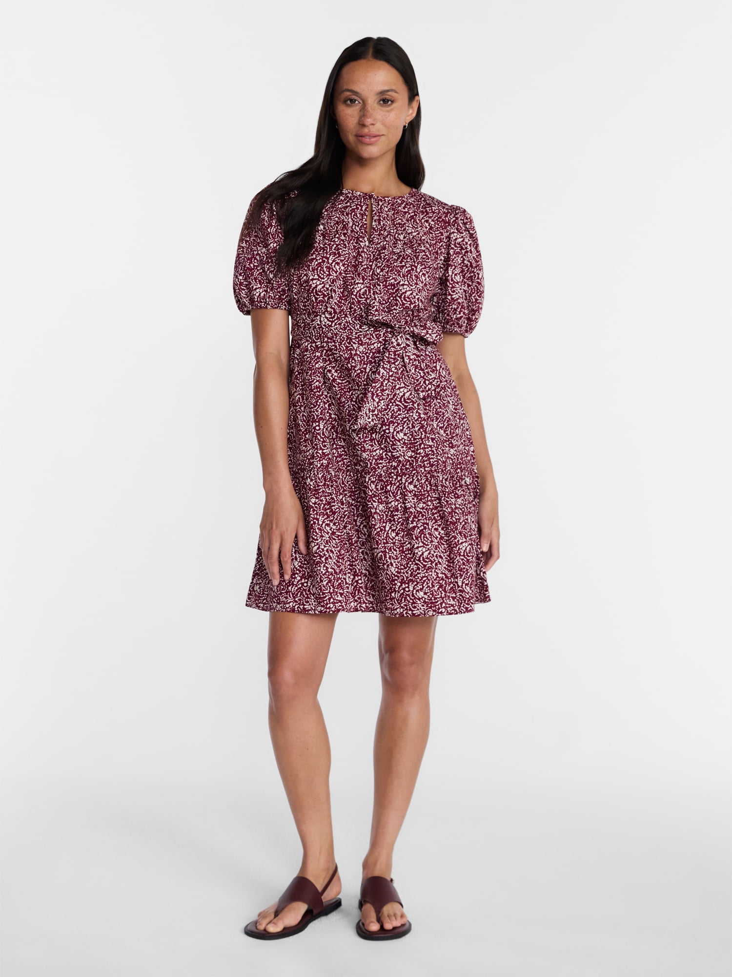 Time and Tru Women's and Women's Plus Cotton Mini Dress with Puff Sleeves, Sizes XS-4X