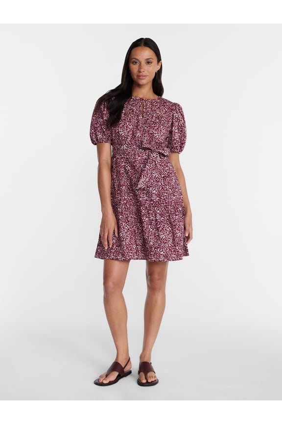Women's and Women's Plus Cotton Mini Dress with Puff Sleeves, Sizes XS-4X