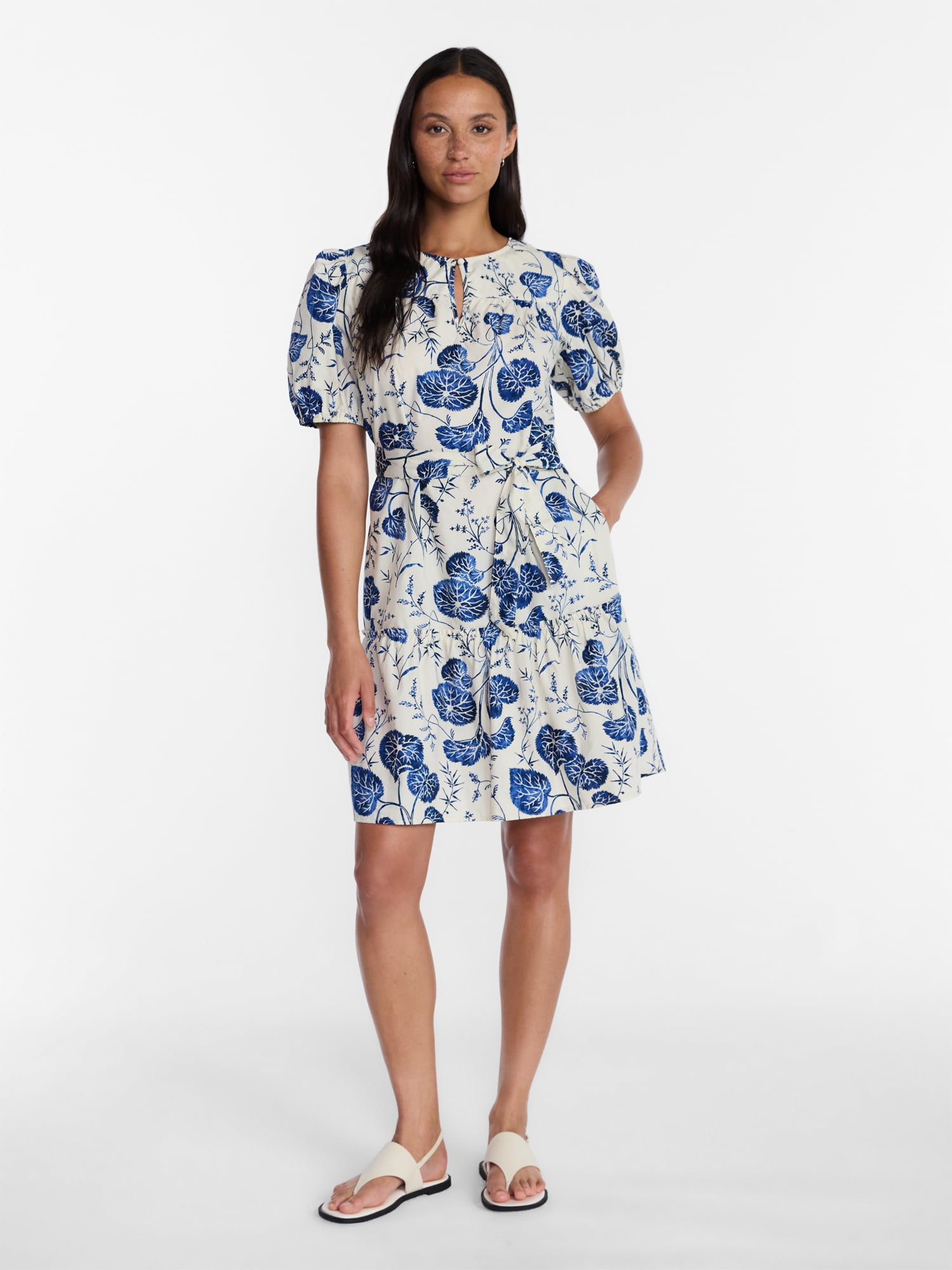 Time and Tru Women's and Women's Plus Cotton Mini Dress with Puff Sleeves, Sizes XS-4X