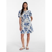 Women's Cotton Mini Dress with Puff Sleeves, Sizes XS-4X