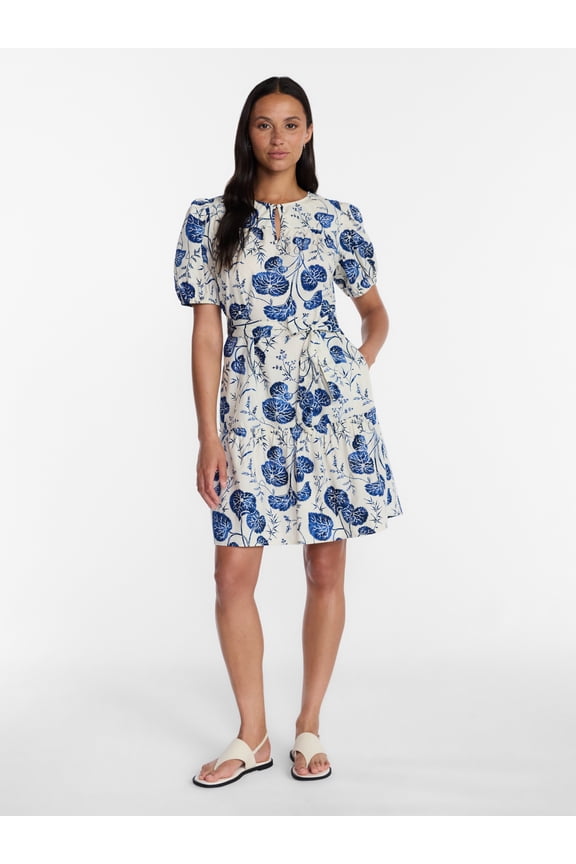 Women's and Women's Plus Cotton Mini Dress with Puff Sleeves, Sizes XS-4X
