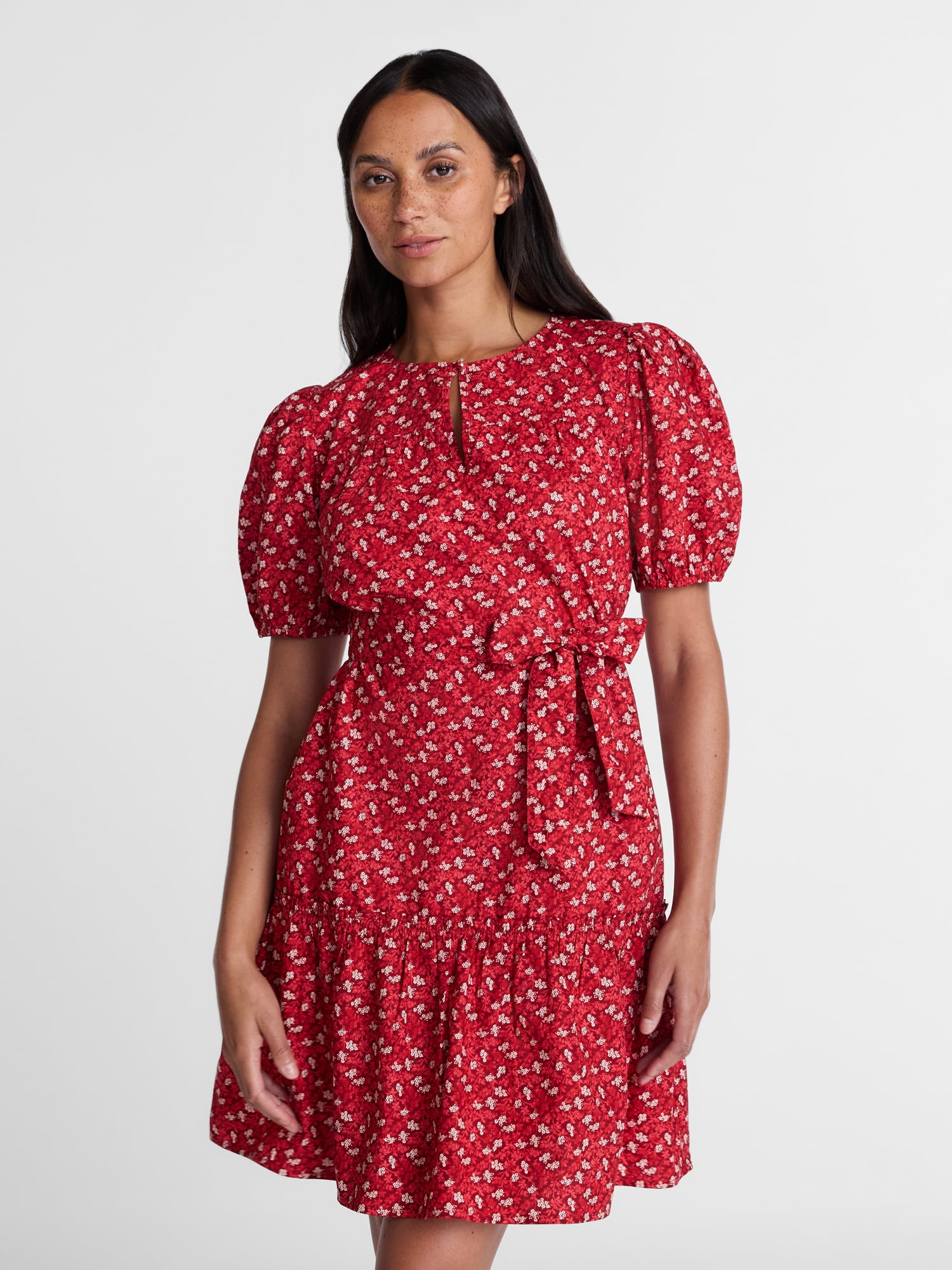 Time and Tru Women's and Women's Plus Cotton Mini Dress with Puff Sleeves, Sizes XS-4X