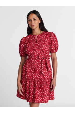 Women's Cotton Mini Dress with Puff Sleeves, Sizes XS-4X