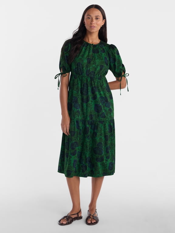 Women's Tiered Midi Dress with Puff Sleeves Sizes XS-XXXL