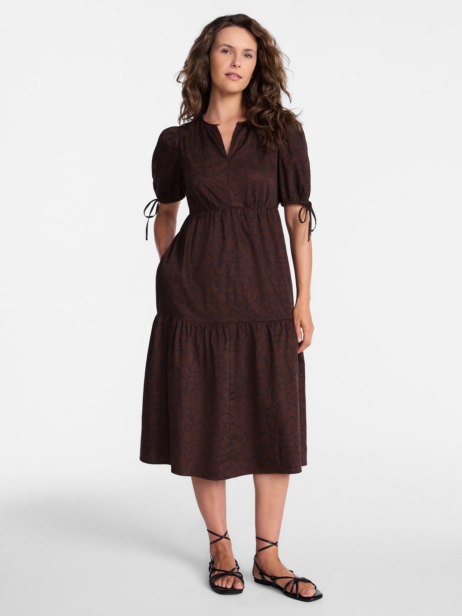 Time and Tru Women's Tiered Midi Dress with Tie Puff Sleeves, Sizes XS-XXXL
