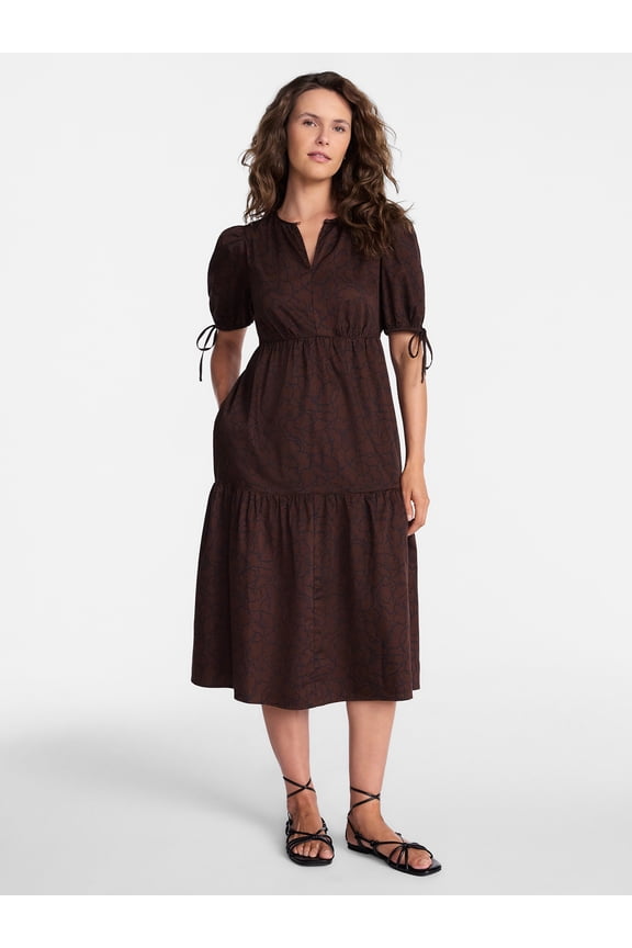 Women's Tiered Midi Dress with Tie Puff Sleeves, Sizes XS-XXXL