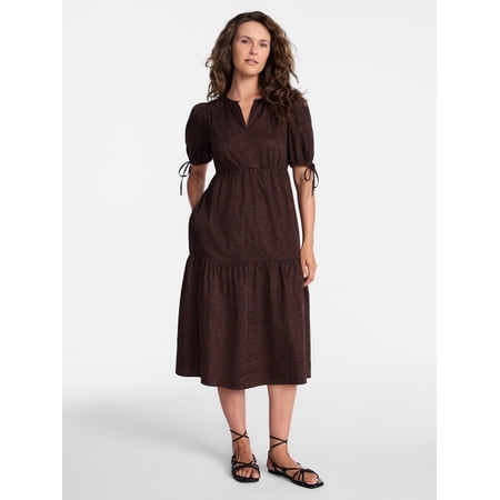 Time and Tru Women's Tiered Midi Dress with Tie Puff Sleeves, Sizes XS-XXXL