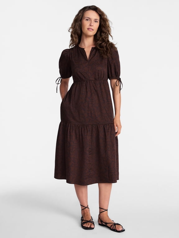 Women's Tiered Midi Dress with Tie Puff Sleeves, Sizes XS-XXXL