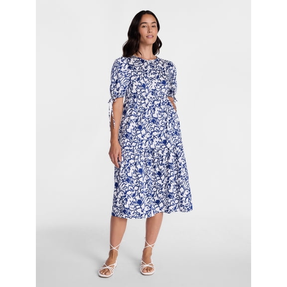Time and Tru Women's Tiered Midi Dress with Tie Puff Sleeves, Sizes XS-XXXL