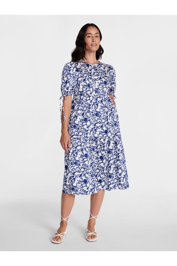 Women's Tiered Midi Dress with Tie Puff Sleeves, Sizes XS-XXXL