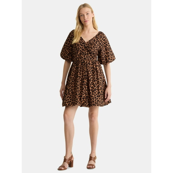 Time and Tru Women's and Women's Plus Cotton Bubble Hem Mini Dress with Puff Sleeves, Sizes XS-4X