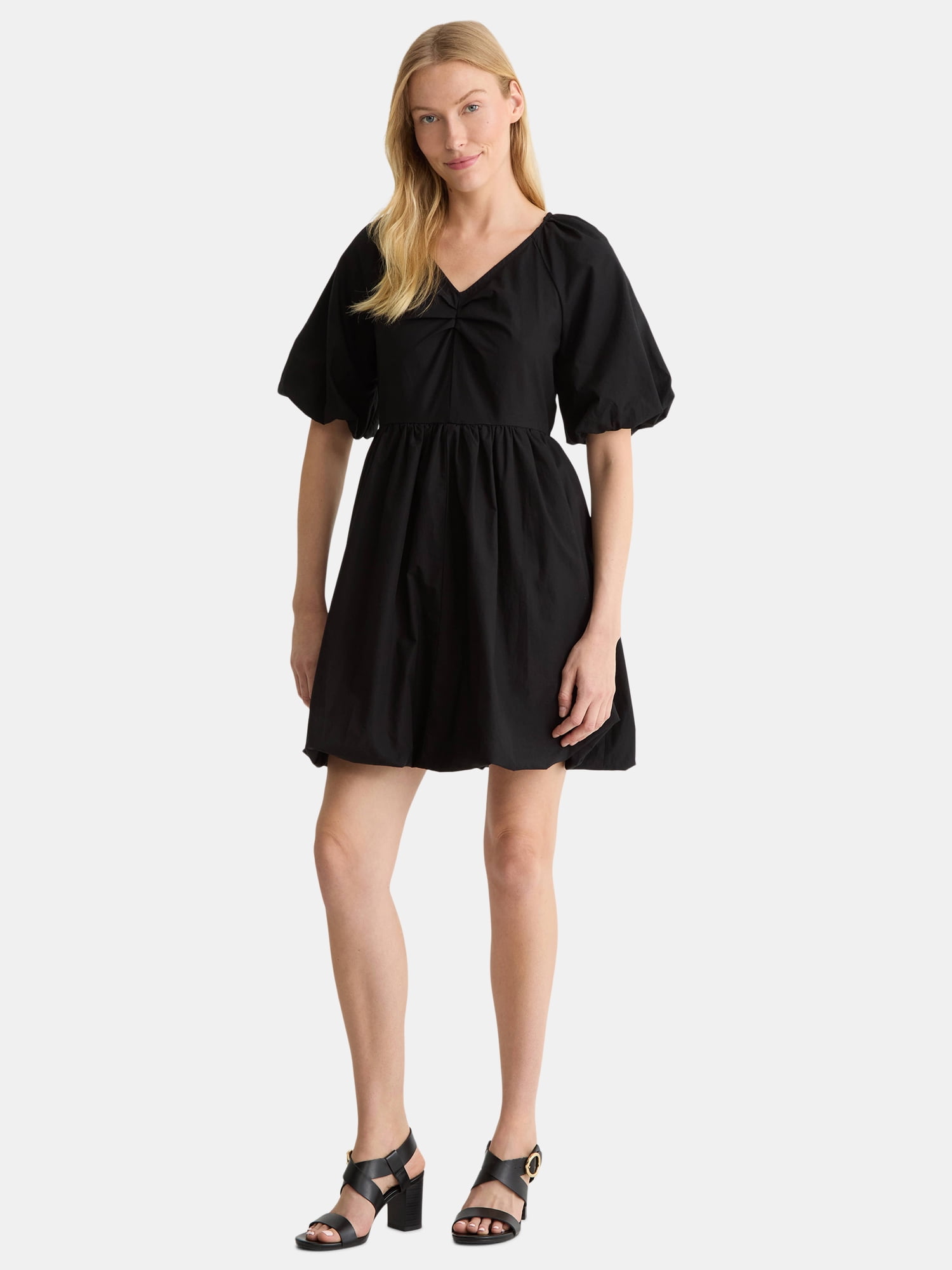 Time and Tru Women's and Women's Plus Cotton Bubble Hem Mini Dress with Puff Sleeves, Sizes XS-4X