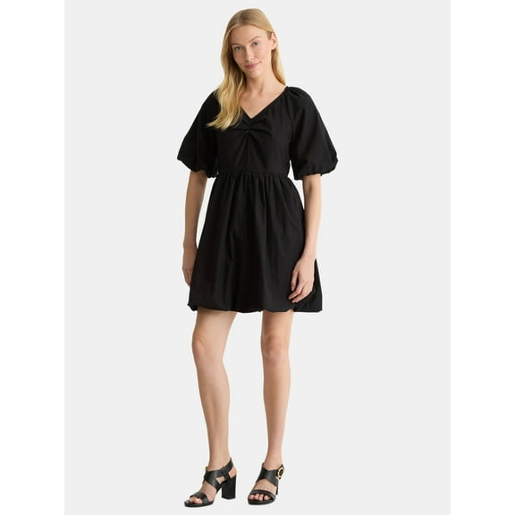 Time and Tru Women's and Women's Plus Cotton Bubble Hem Mini Dress with Puff Sleeves, Sizes XS-4X