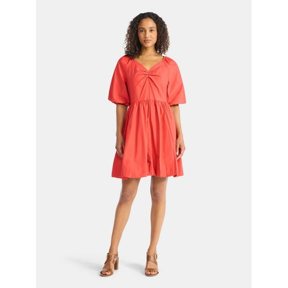 Time and Tru Women's and Women's Plus Cotton Bubble Hem Mini Dress with Puff Sleeves, Sizes XS-4X