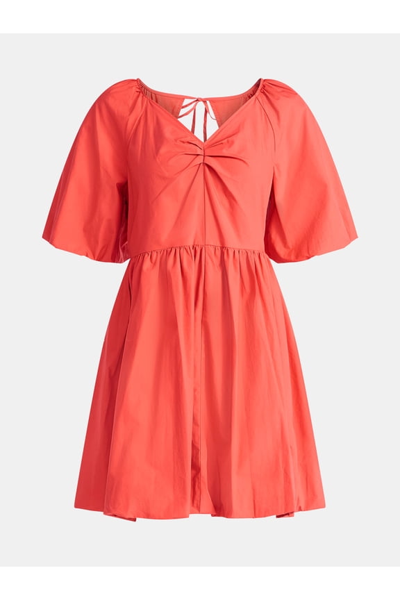 Women's and Women's Plus Cotton Bubble Hem Mini Dress with Puff Sleeves, Sizes XS-4X