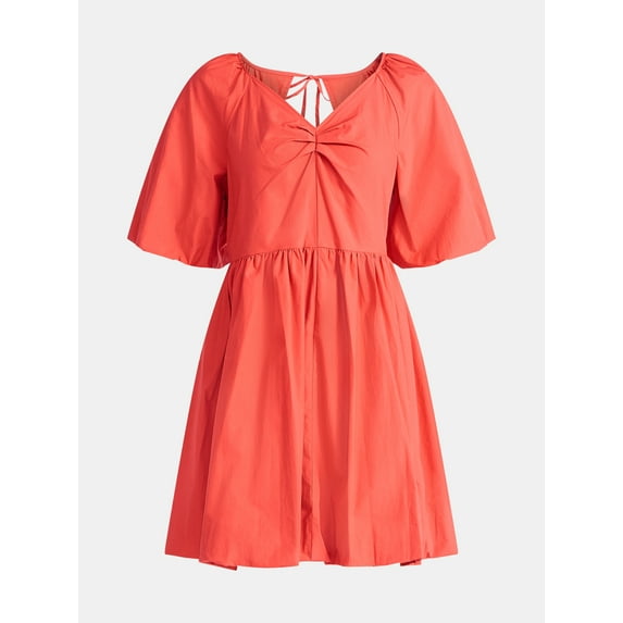 Time and Tru Women's and Women's Plus Cotton Bubble Hem Mini Dress with Puff Sleeves, Sizes XS-4X