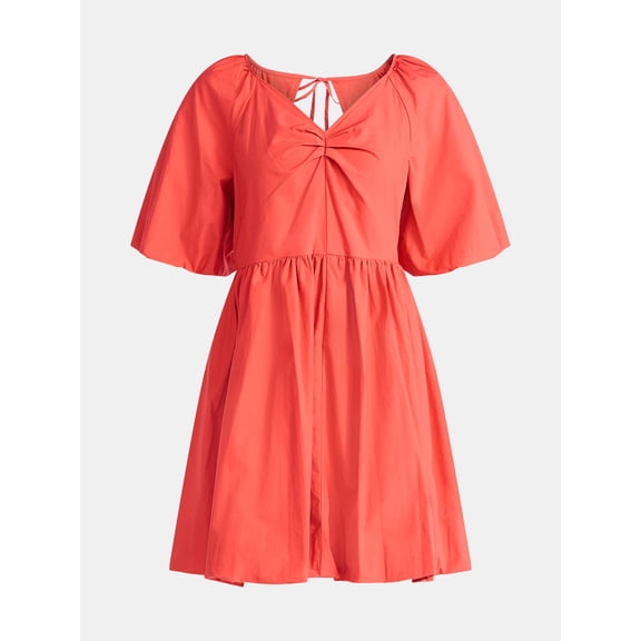 Time and Tru Women's and Women's Plus Cotton Bubble Hem Mini Dress with Puff Sleeves, Sizes XS-4X