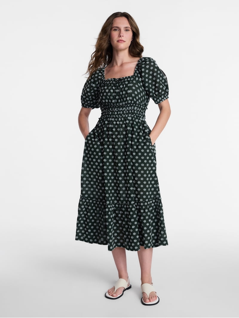 Time and Tru Women's Puff Sleeve Square Neck Midi Dress, Sizes Xs-xxxl, Green
