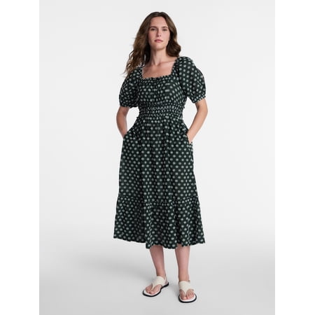 Time and Tru Women's and Women's Plus Puff Sleeve Square Neck Midi Dress, Sizes XS-4X