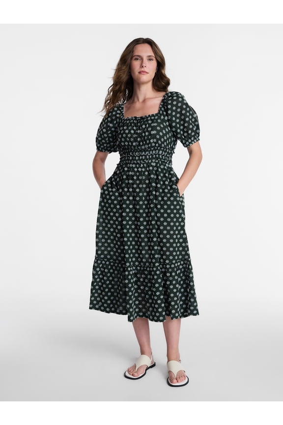 Women's Puff Sleeve Square Neck Midi Dress, Sizes XS-XXXL