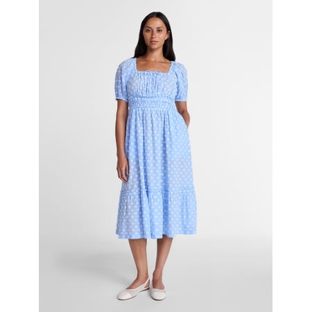 Time and Tru Women's and Women's Plus Puff Sleeve Square Neck Midi Dress, Sizes XS-4X